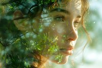 Young woman with delicate features in profile view through green foliage and sunlight creating dreamy atmospheric effect, soft natural lighting enhances ethereal mood.