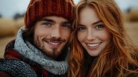Young couple in winter attire sharing intimate moment outdoors, wearing knit beanie and scarves, with natural warm lighting and authentic emotional connection.