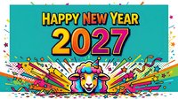Happy New Year 2027 celebration banner with colorful comic-style text, festive jester character, confetti, and vibrant rainbow waves on turquoise background for holiday greeting cards and party invitations.
