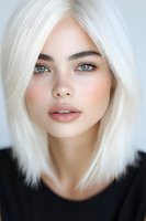 Young woman with platinum blonde bob hairstyle, bright blue eyes, and natural makeup wearing black top against light background, fashion portrait in soft lighting.