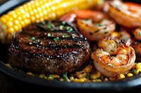 Grilled beef steak and jumbo shrimp served with corn on black plate, close up view showing juicy meat texture and caramelized seafood glaze.