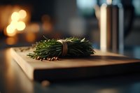 Fresh rosemary herb bundle tied with twine on wooden cutting board, soft bokeh background with warm glowing lights creates cozy kitchen atmosphere.