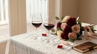 Romantic dinner setup with red wine glasses, rose bouquet and scattered petals on white tablecloth creating intimate atmosphere for special occasions.