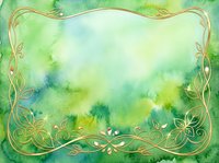 Watercolor background with soft green and yellow tones, ornate gold decorative border frame with leaf motifs, ideal for invitations, cards, and design projects.