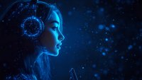 Young Asian woman in profile wearing headphones illuminated by ethereal blue neon lighting against dark background with glowing particles and bokeh effects.