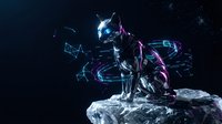 Futuristic astronaut in metallic spacesuit kneeling on rocky surface against starry space background with glowing neon light effects for sci-fi concepts.