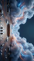 Circuit board with glowing traces merging into swirling clouds representing cloud computing and digital transformation in modern technology infrastructure.