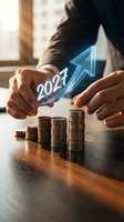 Businessman stacking coins with glowing 2027 arrow hologram, symbolizing financial growth, investment success, and wealth planning for the new year.