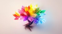 Vibrant rainbow-colored tree with glowing translucent leaves in spectrum colors from red to blue, twisted dark trunk against light background creates magical nature artwork.