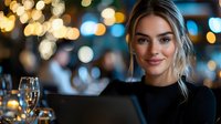 Young Caucasian woman in black sweater smiling while working on laptop at restaurant with blurred bokeh lights and wine glass, casual business atmosphere at evening.