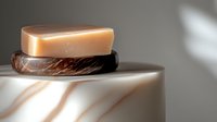Luxurious soap bar resting on natural coconut shell dish against marble surface with soft shadows and elegant lighting, showcasing premium bath accessories.