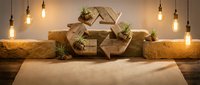 Rustic wooden recycling symbol with air plants on stone blocks, surrounded by warm Edison bulb lighting, eco-friendly sustainability concept.
