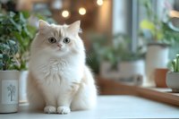 Fluffy white long-haired cat sitting among potted plants and warm lights on windowsill, indoor pet portrait for home decor and lifestyle content.