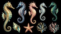 Seahorse and starfish collection isolated on transparent background, ready for t-shirt design, clipart, stickers, sublimation and print-on-demand products.