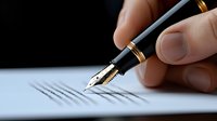 Close up of hand holding luxury fountain pen signing document on white paper, shallow depth of field with focus on gold nib and signature line.