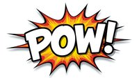 Comic book style POW explosion burst with bold white letters on colorful starburst background isolated on white for graphic design and print projects.