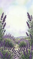 Watercolor lavender field landscape with purple flowers and soft pastel sky background for aromatherapy and wellness designs.