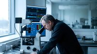 Middle-aged Caucasian male scientist examining samples through microscope in modern laboratory with computer monitors displaying data analysis results.