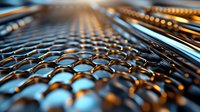 Metallic honeycomb pattern with golden light reflection creates futuristic technological texture. Abstract macro photography showing depth and geometric structure.