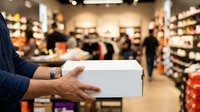 Man holding white box in retail store with shelves and customers in background, shopping and delivery concept.