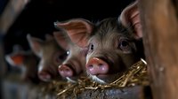 Young piglets resting on straw bedding in barn, close-up view of curious pink snouts and alert eyes against dark background, showing farm animal care and welfare.