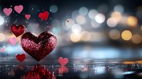 Glittering red hearts floating over reflective surface with bokeh lights background, romantic Valentine's Day concept with sparkles and dreamy atmosphere.