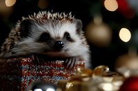 Adorable hedgehog peeking from festive gift box with golden ribbon against blurred Christmas lights background for holiday greeting cards and seasonal designs.