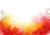 Watercolor gradient background with red, orange, and yellow hues blending into soft pink and cream tones, decorated with traditional lanterns and ornamental flourishes, suitable for festive designs and cultural celebrations.