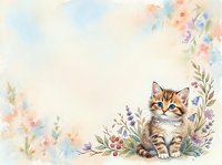 Adorable tabby kitten sitting among delicate watercolor wildflowers and botanical elements on soft pastel background for greeting cards and nursery decor.