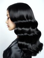 Young woman with long black wavy hair in profile against white background. Glossy waves and voluminous styling showcase hair care, salon treatments, and beauty products for commercial use.
