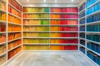 Colorful rainbow bookshelf with books arranged by color spectrum from orange to blue in modern library interior, creating vibrant gradient display on white shelves.