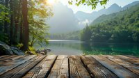 Serene mountain lake view from wooden pier at sunrise, perfect for travel inspiration and outdoor adventure marketing. Tranquil alpine landscape with misty peaks and crystal clear water reflection.