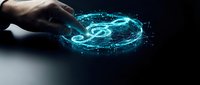 Hand touching glowing turquoise digital target symbol with particle effects on dark background, representing technology, data analysis, and business strategy concepts.