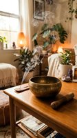 Tibetan singing bowl with incense smoke creating peaceful meditation atmosphere in cozy living room with houseplants and warm natural lighting.
