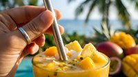 Close-up of hand holding straw in tropical mango cocktail with fresh fruit garnish, ocean and palm trees blurred in background, summer vacation beverage concept.