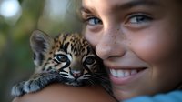 Young Caucasian woman with freckles smiling while holding baby leopard cub close to face, showing tender connection between human and wild animal in natural setting.