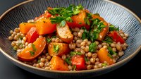 Healthy grain bowl with roasted vegetables, lentils and fresh herbs served in ceramic dish for nutritious meal planning and vegetarian cooking recipes.
