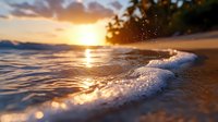 Tropical beach sunset with gentle waves washing onto golden sand creating foam and sparkles, palm trees silhouetted against orange sky for vacation travel concepts.