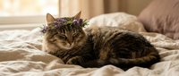 Tabby cat resting on unmade bed with pillows and neutral bedding, looking directly at camera in cozy bedroom setting.