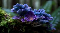 Vibrant purple mushrooms growing on moss in dark forest environment, showcasing delicate gills and luminous caps in natural woodland setting.
