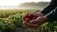 Farmer hands holding fresh ripe strawberries at sunrise in agricultural field. Organic berry harvest concept for healthy eating and sustainable farming.