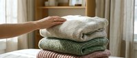 Woman hands organizing folded knitted sweaters stack on bed in cozy bedroom interior. Seasonal wardrobe storage and home organization concept.