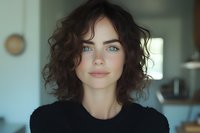 Young woman with bright blue eyes and natural curly dark hair wearing black sweater smiles softly in gentle window light, creating warm intimate portrait atmosphere.