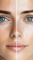 Split face comparison showing natural freckled skin versus smooth complexion, highlighting skincare and beauty treatment effects, with bright blue eyes and nude lips.