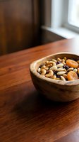 Wooden bowl filled with mixed nuts and dried fruits on rustic table for healthy snacking and nutrition concepts.
