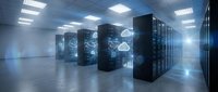 Modern data center server room with cloud computing holographic displays and blue LED lighting for technology infrastructure and digital transformation.
