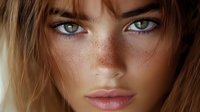 Young blonde woman with freckles and blue eyes looking at camera with natural makeup and soft lighting for beauty and skincare concepts.