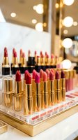 Luxury lipstick collection display in golden tubes with various red and pink shades arranged on acrylic stand in upscale cosmetics store with warm lighting.