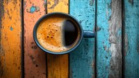 Fresh brewed espresso with golden crema in dark ceramic cup on rustic wooden background with vibrant orange and turquoise painted planks.