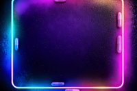 Glowing neon rectangle frame with multicolored light effects on dark background, featuring blue, purple and pink gradient border for gaming or tech design.